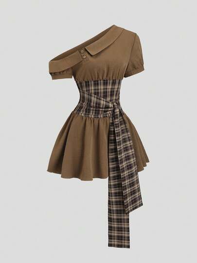 Sweetra French Casual Vintage Brown Plaid Patchwork Sexy Asymmetric-Shoulder Lapel Waist Fitted A-Line Puff Sleeve Spring/Summer New Women Mini Dress