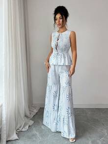SHEIN Elenzya Tie-Front Bow Striped Print Camisole And Pants Set - Blue and White - View 7