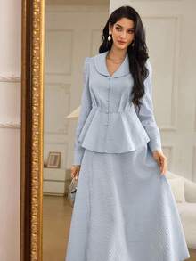 Modelyn 女士珍珠装饰腰部上衣和A字裙法式两件套 - 藍色 - 查看 5