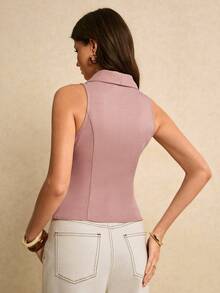 Poéselle 女士休闲/办公通勤简约纯色饰边修身无袖衬衫 - 粉色 - 查看 9