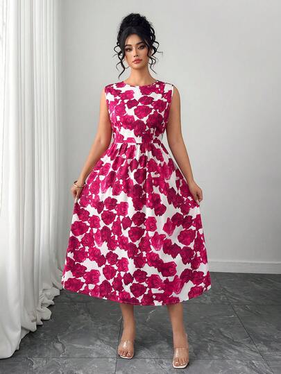 Elenzga 大码优雅圆领碎花无袖喇叭连衣裙 粉色玫瑰印花连衣裙 无袖碎花中长连衣裙 茶会连衣裙 女士连衣裙 中长碎花连衣裙 女士春季穿搭 春季连衣裙 女士优雅连衣裙 女士优雅连衣裙 女士度假穿搭 女士夏季假日穿搭