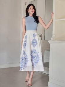 DAZY Damen elegantes ärmelloses Top mit Stehkragen in Unifarbe und A-Linien Rock mit Blume Muster, 2-teiliges Set, Sommer Frühling, Kleid für Hochzeitsgäste - Blau - Übersicht 5