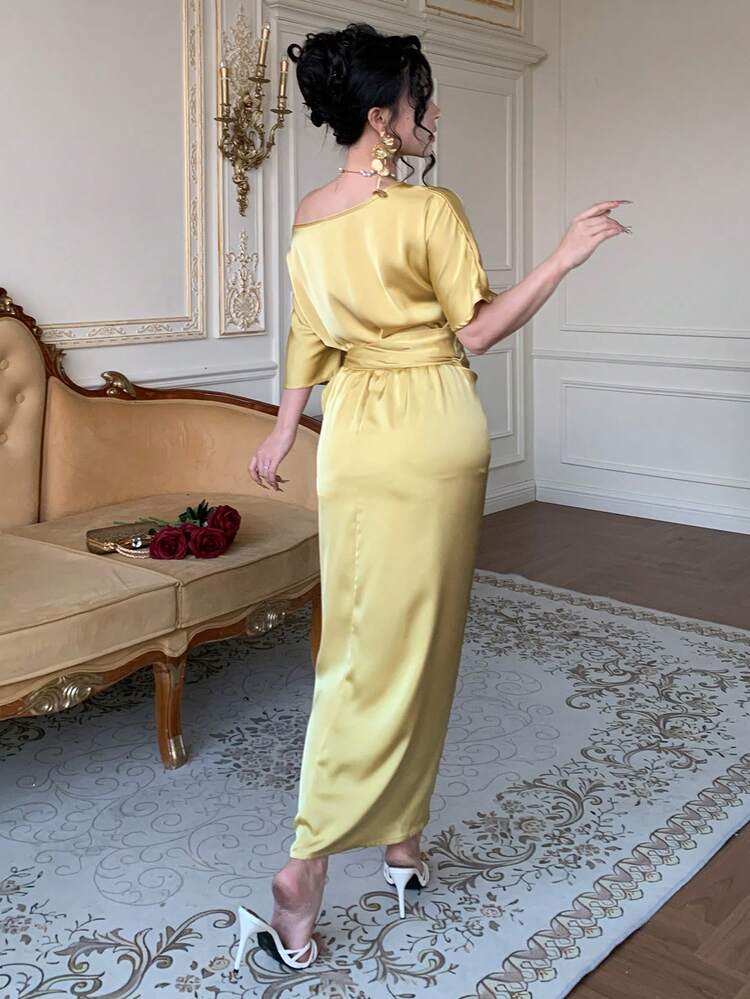 Women's Elegant Solid Color Asymmetric Tie Waist Long Dress, Spring/Summer Wedding Guest Dress Maxi Dress Sundress