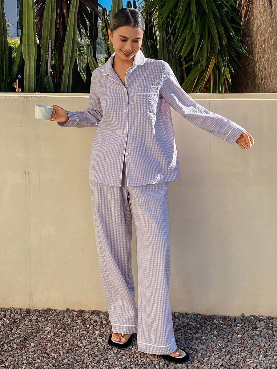 DAZY Plaid Contrast Trim Loose Women Pajama Set - Mauve Purple - View 1