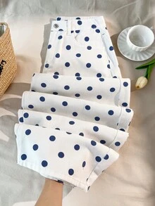 Comfortcana 女士休闲直筒牛仔裤，波点印花，宽松阔腿裤，修身百搭，适合夏季度假、春假、沙滩、生日等各种场合。白色波点牛仔裤，经典白色波点阔腿牛仔裤，高腰休闲宽松牛仔裤。 - 白色 - 查看 1