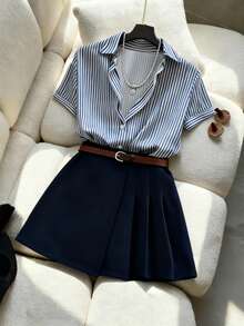 Franclia 夏季休闲条纹衬衫和百褶裙两件套 - 杏色 - 查看 3