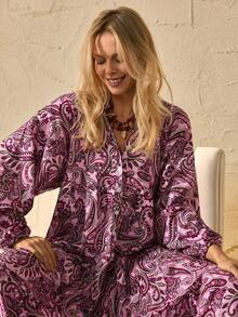 EURMUSE Women's Boho Paisley Long Dress – Long Sleeve V-Neck, Vintage Chic Elegant Casual Vacation Outfit - Multicolor - View 2