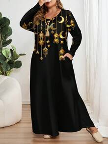 EMERY ROSE Plus Size Printed Long Sleeve Round Neck Dress, Suitable For Party Carnival,Vacation/Summer/Spring - Multicolor - View 4
