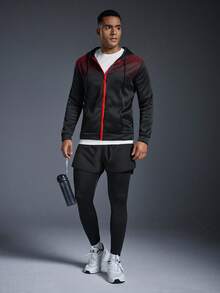 Driftmere Men's Casual Gradient Polka Dot Print Kangaroo Pocket Zip-Up Hoodie, Long Sleeve Top - Black - View 7