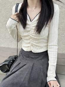 FRIFUL 女士休闲撞色滚边褶皱T恤，秋季长袖春季款 - 白色 - 查看 4