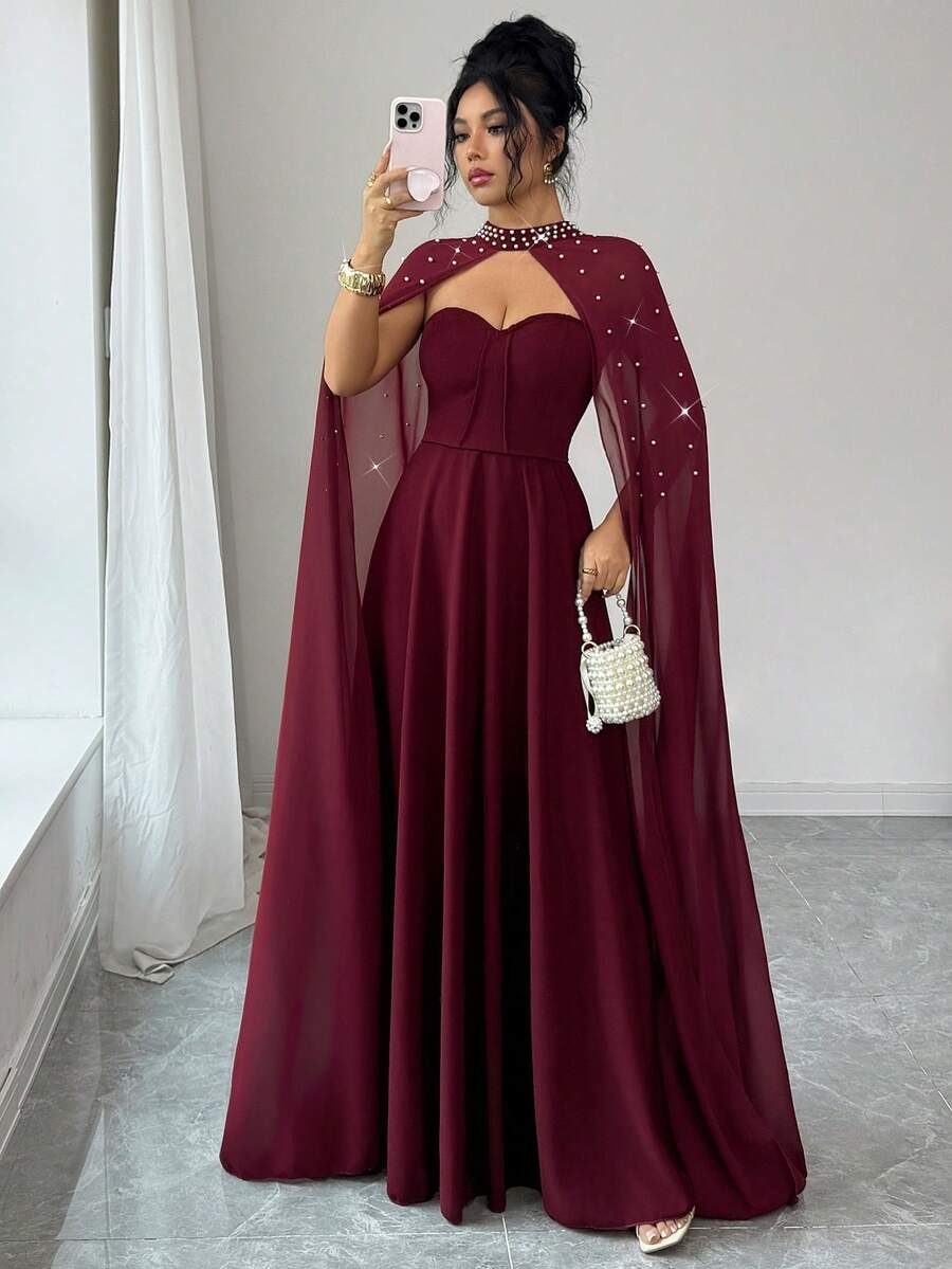 SHEIN Elenzya Pearl Decor Waist Cinched A-Line Elegant Romantic Sophisticated Women Party Dress, Lightweight Cocktail Gown - Burgundy - View 1