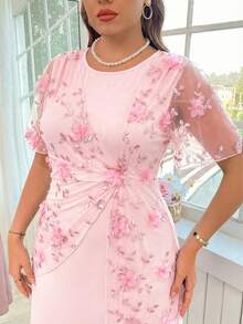 Reflora Plus Size Summer Elegant Contrast Mesh Applique Round Neck Dress, Summer Dresses - Coral Pink - View 1