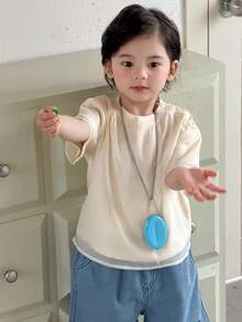 DAZY 男婴圆领二合一休闲英文印花短袖上衣，夏季 - 杏色 - 查看 3