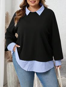 SHEIN CURVE+ Plus Size Women Striped Lapel Long Sleeve Casual Patchwork Sweatshirt Winter Fall Autumn Curve Plus Tops - Baby Blue - View 7