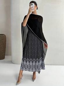 Yasmyna Women's Floral Print Mesh Shawl Design Fashion Party Arabic Spaghetti Strap Dress - Black - View 1