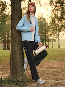 SHEIN In My Nature Women's Zipper Pocket Straight Loose Hiking Pants - Black - View 3