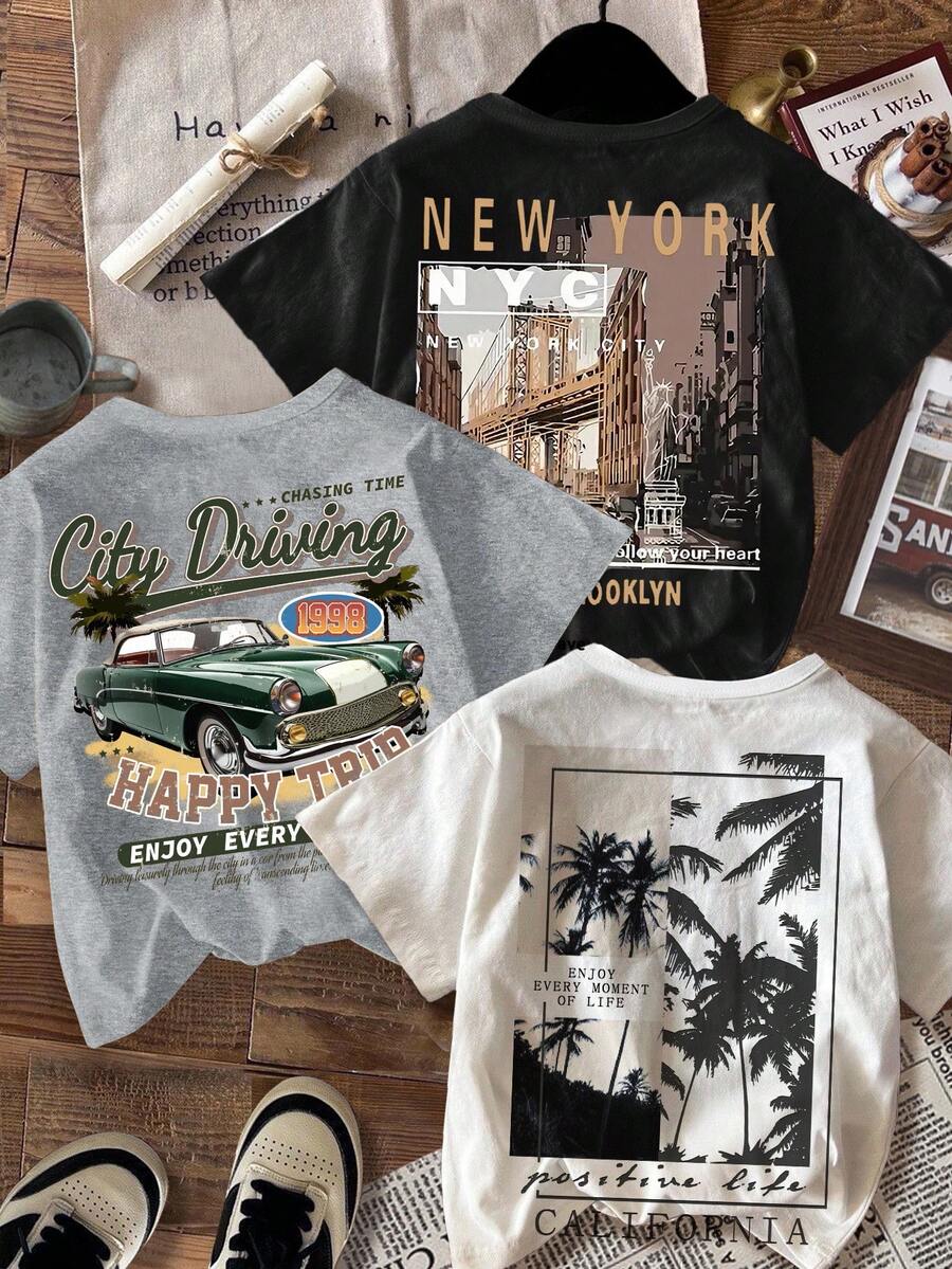 3件套男童休闲简约圆领短袖T恤，适合夏季穿着 - 彩色 - 查看 1