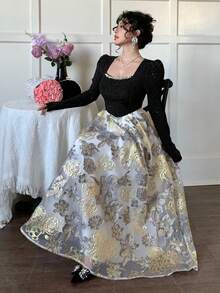 DAZY 春夏水钻亮片印花连衣裙，优雅修身中长连衣裙，适合情人节、婚礼、派对、正式场合，黑色印花长袖连衣裙，婚礼宾客礼服/吊带裙 - 黑色 - 查看 6