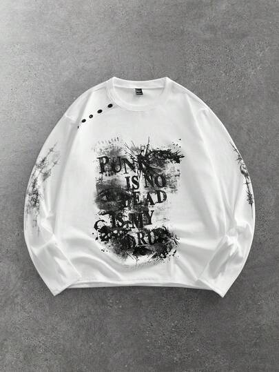 Street Life Herren Langarm T-Shirt mit Buchstaben- und Augen-Grafik am Rundhalsausschnitt