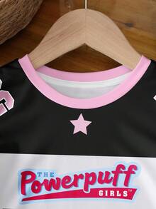 THE POWERPUFF GIRLS X SHEIN Baby Girl Blossom, Bubbles, Buttercup Pattern Color Block Round Neck Short Sleeve Top - White - View 3