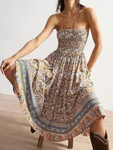 Bohemela BOHO Resort Woven Retro Print Fitted Dress For Women, Spring/Summer