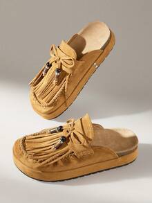 Solecia Women's Flat Round Toe Bow Tie Brown Tassel Beaded Bohemian Style Beach Vacation Casual Slip-On Sandals