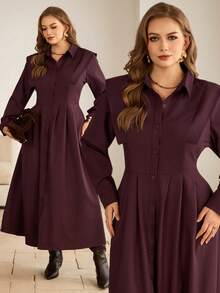 Roveilla Plus Size Women's Burgundy Autumn Elegant Formal Solid Color Open Front Button Down Waist Pleated A-Line Long Sleeve Midi Dress,French Retro Style - Maroon - View 7