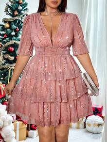 Vionelle Đầm ngắn tay cổ chữ V nhún bèo cỡ lớn, kiểu dáng thường ngày, thích hợp cho tiệc tùng và kỳ nghỉ, mùa xuân/hè. - Bụi hồng - Xem 3