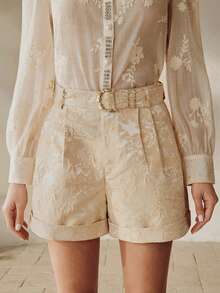 Anewsta Quần short nữ màu sâm panh thanh lịch, chất liệu jacquard, có thắt lưng. - Rượu sâm banh - Xem 5