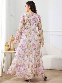 Modelyn Đầm dài tay phồng dáng suông cổ tròn họa tiết hoa vintage dành cho nữ cỡ lớn, chất liệu chiffon, thích hợp dự tiệc, cưới, dạ hội, dạ tiệc. - Nhiều màu - Xem 3