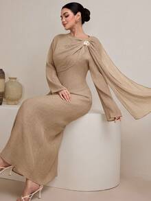 Graceveil Women's Plain Khaki Elegant A Line Maxi Dress Featuring Round Neck Long Sleeves And A Stylish Twist Detail - Khaki - View 7
