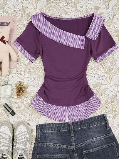 Glimmora Purple Shoulder Cut-Out Striped Patchwork Short Sleeve T-Shirt, Fashionable & Versatile Summer Top For Women