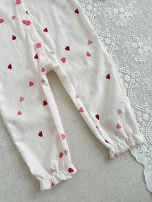 SHEIN Baby Girl 1pc/Cute And Casual Long-Sleeved Jumpsuit With Asymmetric Embroidered Collar And Textured Woven Heart Pattern For Baby Girls - Apricot - View 5