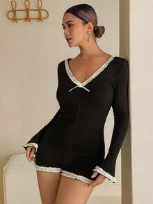 DAZY 撞色荷叶边修身短款女士睡衣连体裤 - 黑色 - 查看 5