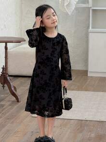 DAZY Young Girl Floral Flocked & Mesh Long Sleeve Casual Dress - Black - View 7