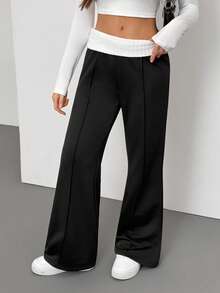 SHEIN Tall Women's Vintage Y2K Rib Knit White Turn-Down Collar Flare Pants, Casual Daily Wear Suitable For Spring/Summer Bell Bottom Pants Black Pants Black Flare Pants Flared Pants Pants Wide Leg - Black - View 7