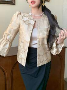 DAZY Áo khoác dáng suông tay loe in hoa thanh lịch dành cho nữ, thích hợp cho mùa xuân/hè, hoặc dự tiệc cưới. - Màu be - Xem 9