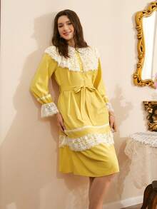 Côtesoire Áo ngủ nữ kiểu Pháp lãng mạn, thanh lịch, phong cách cung điện, phối màu tương phản, ren ghép mảnh, tay áo phồng. - Màu vàng - Xem 3