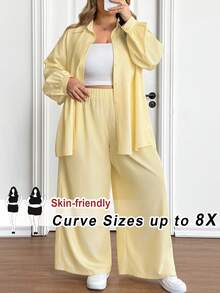 SHEIN CURVE+ 大码女式条纹长袖衬衫和阔腿裤休闲两件套 - 黃色 - 查看 9