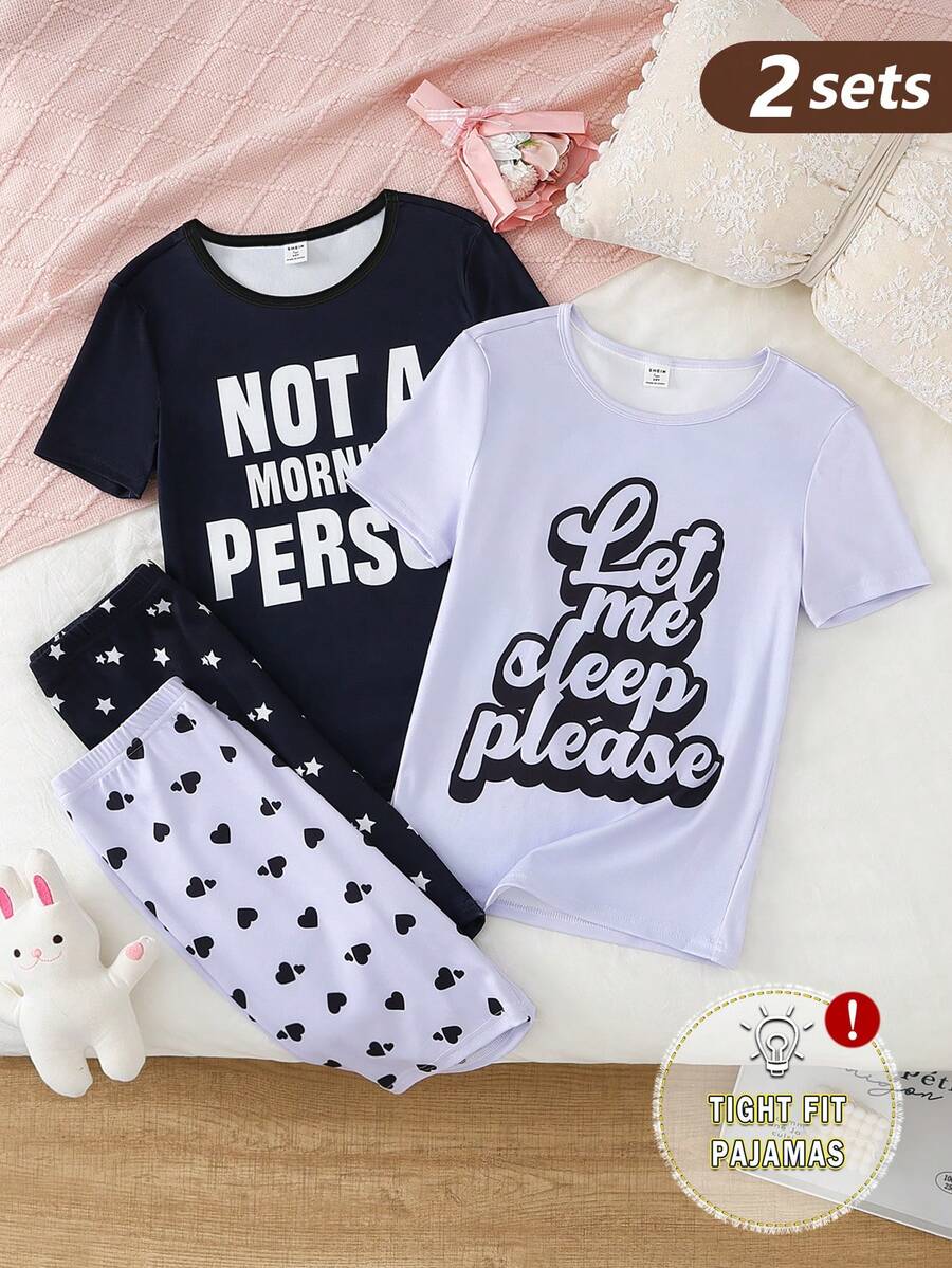 4件套少女粉色字母印花长裤（带心形图案）+黑色字母印花T恤（带星形图案）短裤，紧身家居服 - 彩色 - 查看 1