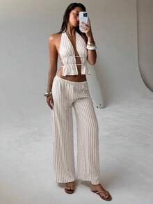 Aloruh Bộ đồ nữ mới về: Áo croptop không tay cổ yếm kẻ sọc và quần ống rộng, trang phục thường ngày cho kỳ nghỉ. - Nhiều màu - Xem 8