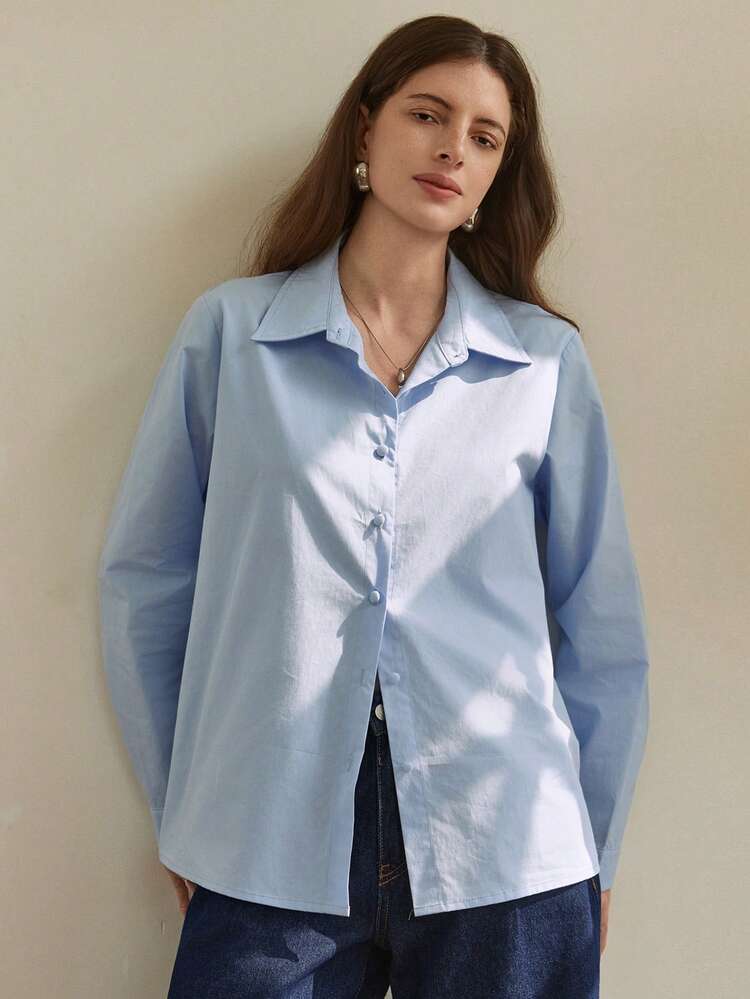 Spring/Summer Solid Color Casual Poetic Old Money Design Office/Commute Long Sleeve Blue Ladies Shirt Business Casual Woman