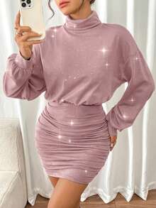 SHEIN Frenchy 女士纯色褶皱领优雅长袖迷你连衣裙 - 粉色 - 查看 5