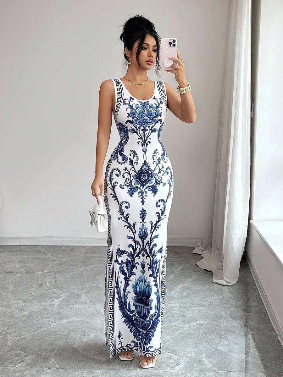 SHEIN Elenzya 精致印花中国风收腰开衩下摆奢华复古中东阿联酋风格长袍 - 彩色 - 查看 1