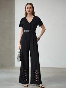 MOTF PREMIUM BLACK MINIMALIST CINCHED WAIST JUMPSUIT - Black - View 1
