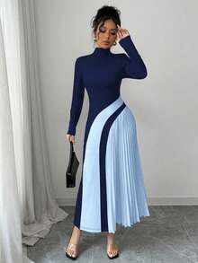 Elenzga Color Block Ruched Sexy Women Dress Fall Cloth For Women - Navy Blue - View 4