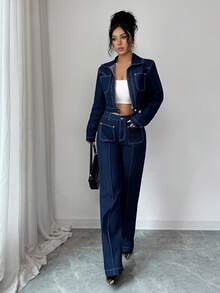 Elenzga Casual Loose Non-Stretch Dark Washed High-End Lapel Jacket & Straight Leg Jeans Set - Dark Wash - View 6