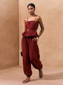 Zivah 2026 Spring/Summer New Music Festival, Easter, St. Patrick's Day, Valentine's Day, Date, Western, Nomadic, Birthday Party, Casual, Vacation, Cruise, Beach, Sunbathing, Wedding Guest Bohemian, Commute 2pcs Set: Spaghetti Strap Ruched Crop Top With Waist Tie And Drawstring Pleated Pocket Pants In Brown - Brown - View 4