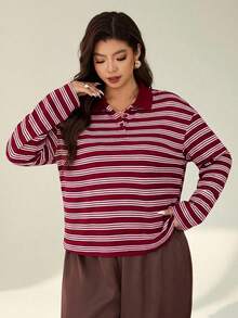 SHEIN Essnce 大码休闲条纹长袖T恤，秋季款 - 彩色 - 查看 2