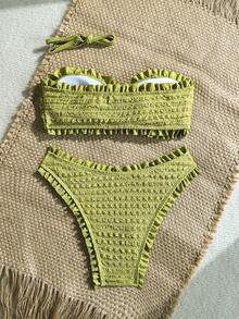 Soleia Bộ đồ đi biển mùa hè dành cho nữ, trang phục thanh lịch, áo tắm đi biển cho nữ, bikini ống màu trơn có bèo nhún, buộc dây phía trước, gợi cảm. - màu xanh lá - Xem 2